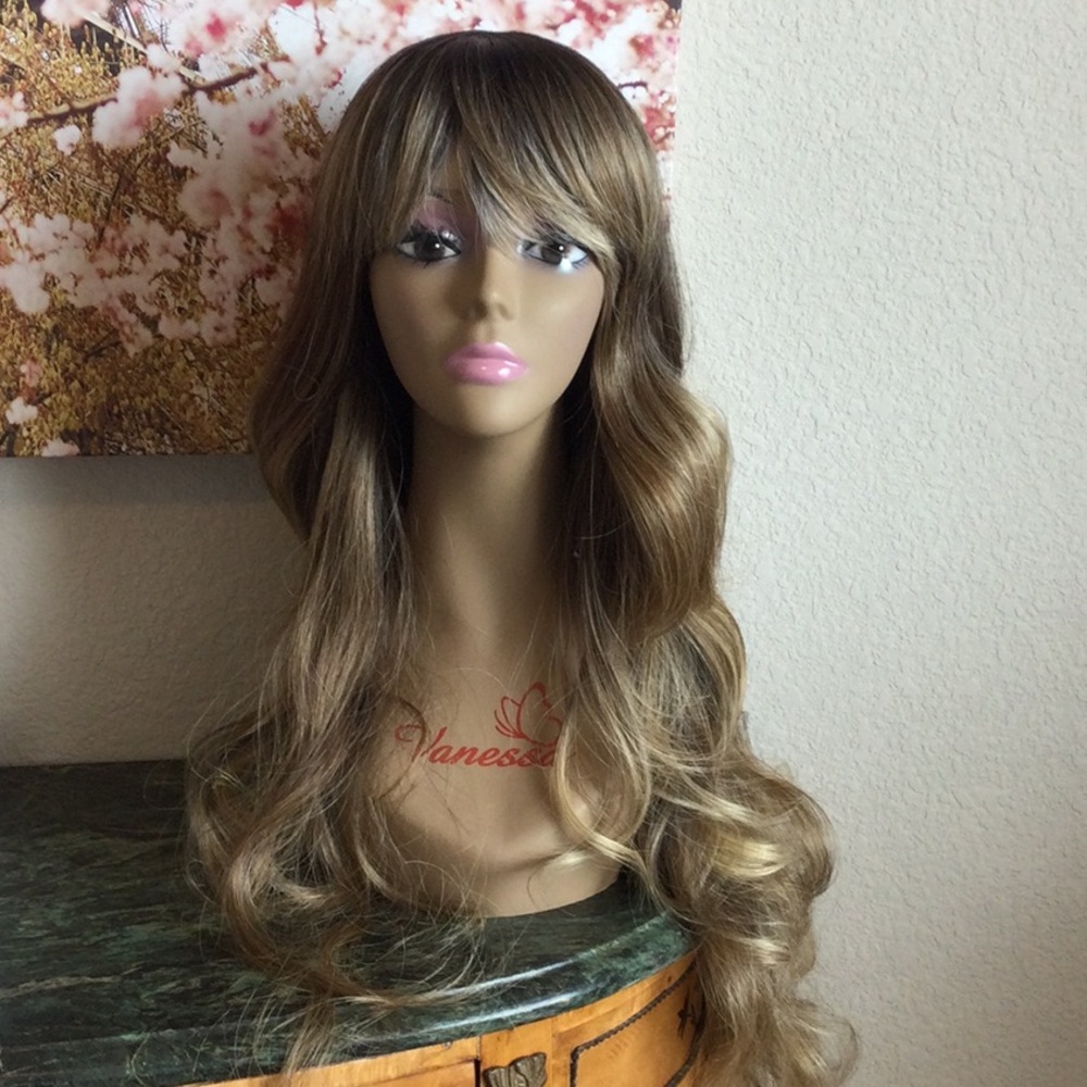 Brown Wavy Hair Wig with Bangs Ombre Style
